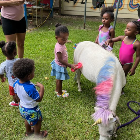 Small children playing with a pony.